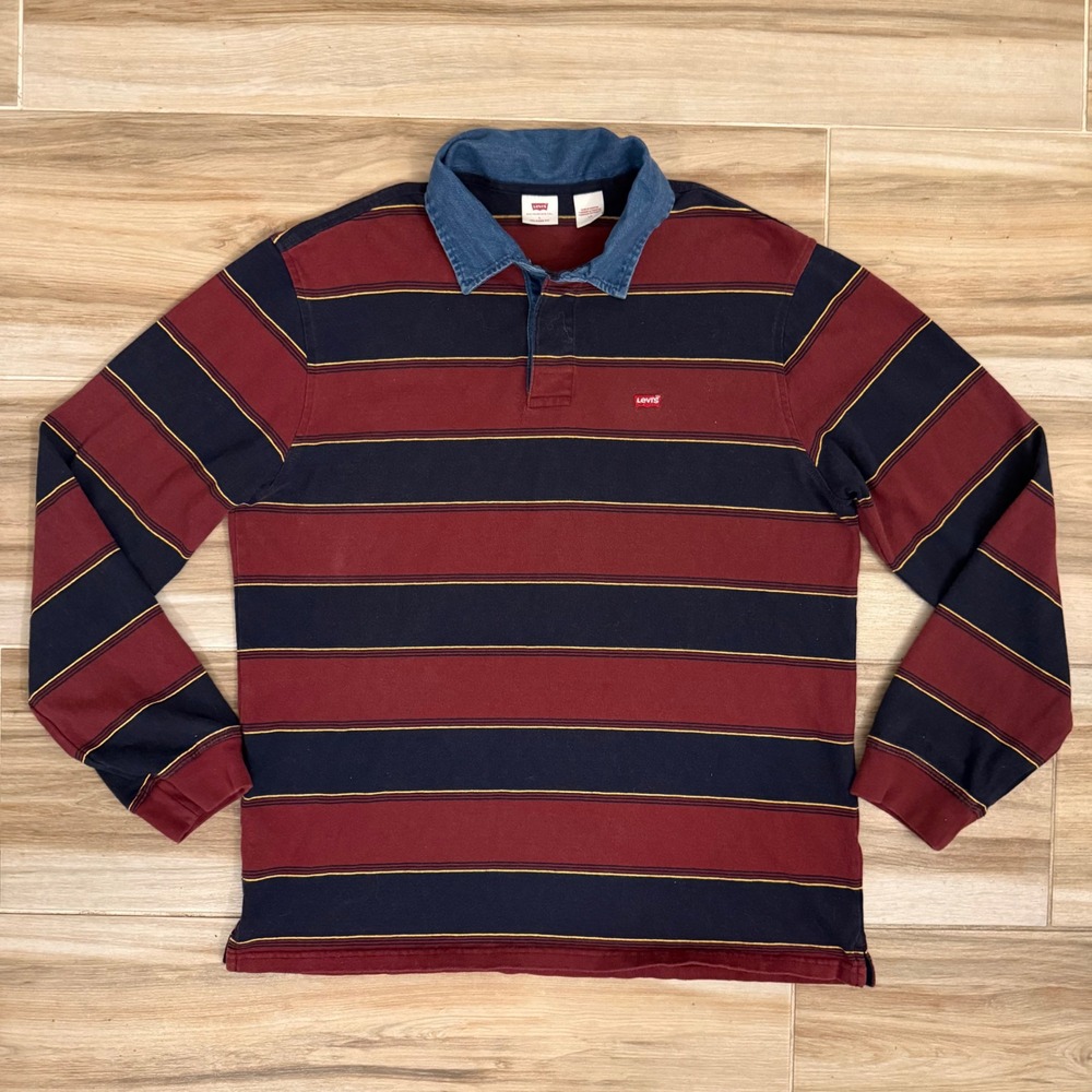 Levis Mens Relaxed Fit Rugby Shirt Long Sleeve Striped Denim Collar Burgundy L